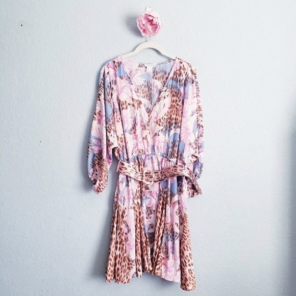 Venus Pink And Blue Floral Leopard Print Long Sleeve Belted Dress - Picture 3 of 10
